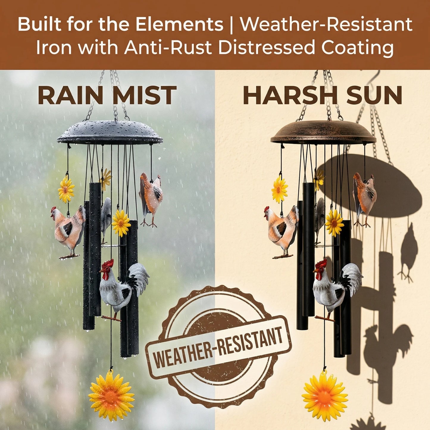 🌻Vintage Metal Chicken Wind Chime with Sunflower🐔