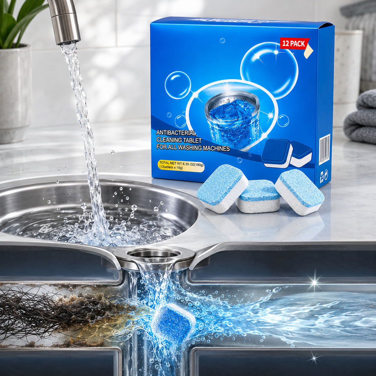 💥🫧Drain Cleaning Tablets 12 Pack For Sinks, Showers & Washing Machines