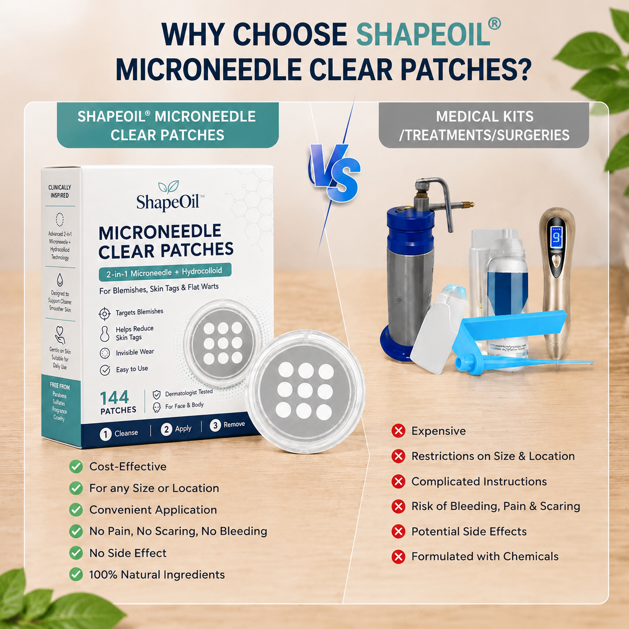 ✨ShapeOil®2-in-1 Microneedle & Hydrocolloid Patch🍀| Removes Raised Moles, Acne, Flat Warts & Skin Tags | Helps Improve Wrinkles, Scars & Blemishes | Invisible Patches for Face & Body